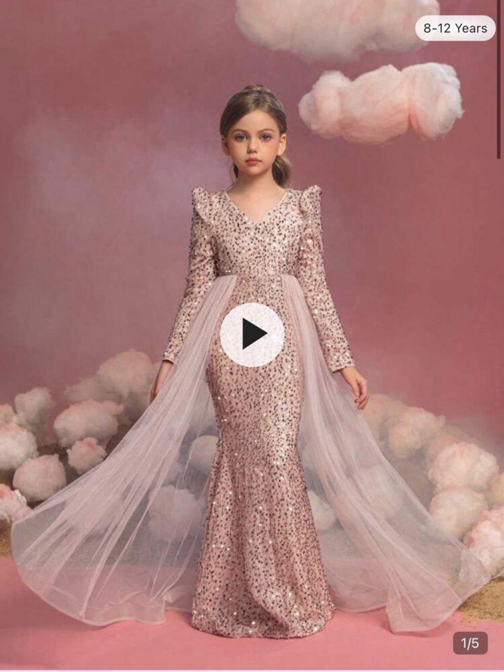 Girls' Sparkle Sequin Pink Long Sleeve Formal Dress with Tulle Train